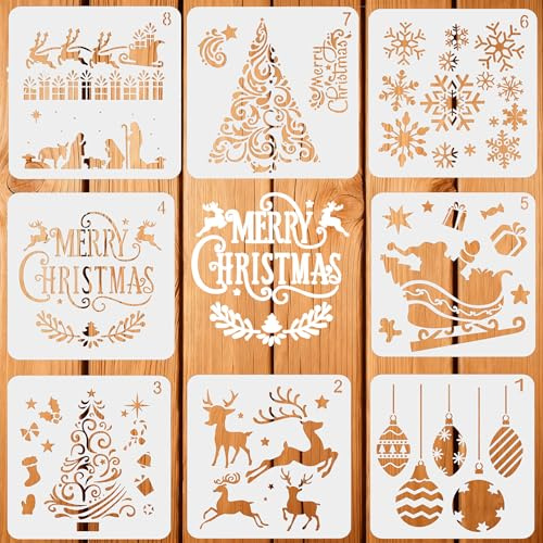 Weihnachten Schablonen, 8 Stück Weihnachts Stencils Set Wiederverwendbares Malerei Vorlage Bemalen, DIY Christmas Schablone zum Malen an Wand, Geschenkkarte, Kleidung (15cm/6 Zoll, Xmas)