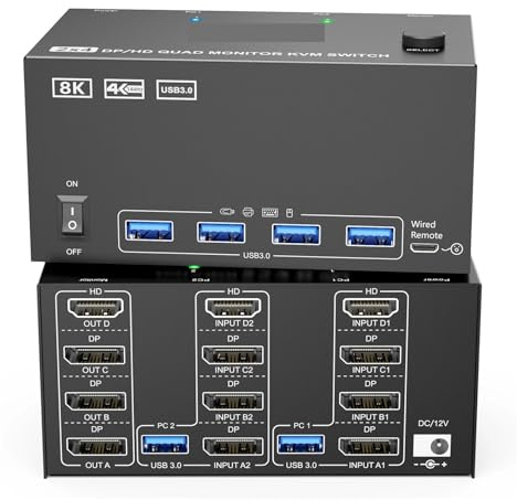 Switch KVM for 4 monitor, 2 computer, 4K144Hz +2 Displayport, supporto 8K30Hz, switch KVM for 3 PC con triplo monitor,Cambia senza problemi