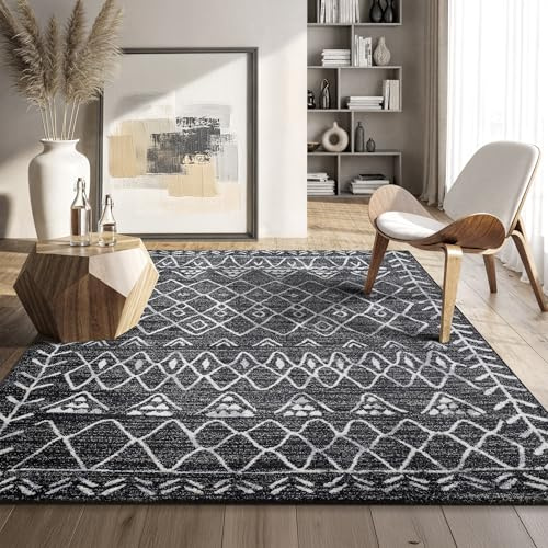 SANAT Boho Teppich – Moderner Teppich im Boho Stil, Geeignet für Wohnzimmer, Schlafzimmer, Flur, Esszimmer und Kinderzimmer – Boho Schwarz, Größe: 80 x 150 cm