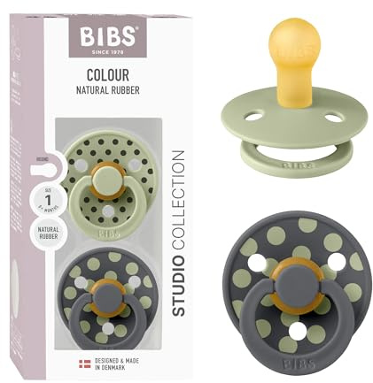 BIBS Colour Studio Polka Schnuller, 0-6 Monate, 2er-Pack, Sage/Iron | Runder Sauger | Naturkautschuklatex | Größe 1 | BPA-frei | Hergestellt in Dänemark | Hohe Akzeptanz | Luftlöcher