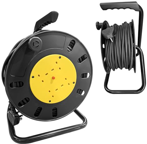 4 Socket Open Cable Reel Extension Lead with Winding Handle, Thermal Cut Out and Power Switch, 50 Metres High Visibility Cable Ideal for DIY, Workshop, Garden, Home Use