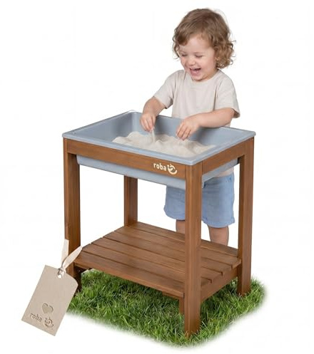 roba Outdoor + Spieltisch Tiny mit Spielwanne - Wetterfester Sand- & Matschtisch aus Massivholz - Gartenmöbel für Kinder - Ab 18 Monaten - Teakholzfarben