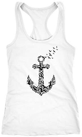 Neverless Damen Tank-Top Vogel Anker Anchor Birds Racerback Trägertop Trägershirt Ringertop Sport-Top weiß XL