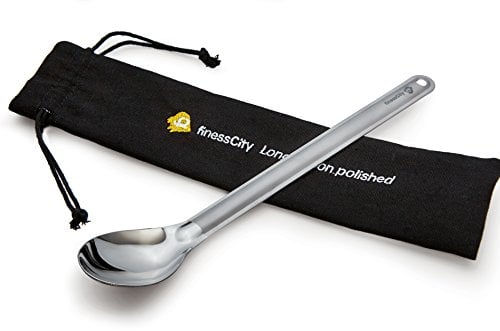 finessCity Titanium Long Handled Spoon - 9.65inch/245mm Ultra Lightweight Long Camping Spoon with Polished Bowl and Waterproof Cloth Case for Travelling, Backpacking and Hiking