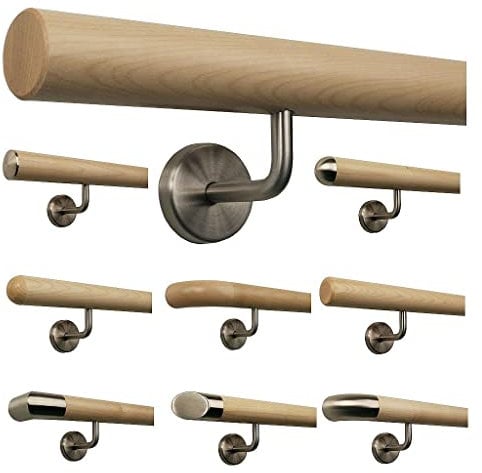 Barandilla de arce para escalera, mango de madera, soporte de acero inoxidable, longitud 30-500 cm de una pieza/variante: 160 cm con 3 soportes biselados