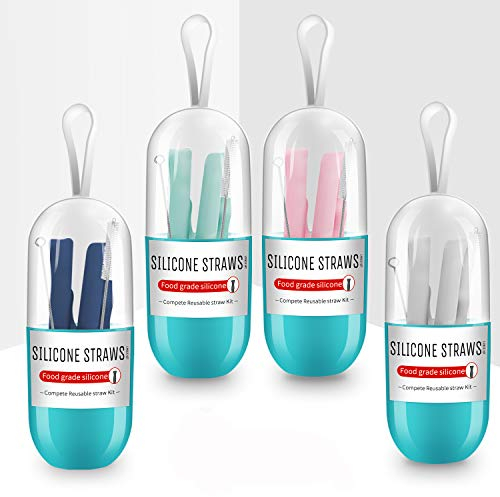 Reusable Silicone Straws, 4 Pack Collapsible Straws with Brush and Case, Multicolor Drinking Straws for Kids & Adult, Food-Grade Portable Set