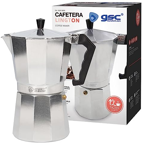GSC Evolution Cafetera Italiana de Aluminio | 12 tazas | Apta para Todo Tipo de Cocinas | Color Plata | Inducción, Gas, Eléctrica | Fácil Montaje y Desmontaje