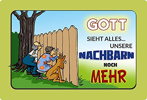 Blechschild 20x30cm gewölbt Gott sieht alles Nachbarn noch mehr Sprüche Deko Geschenk Schild