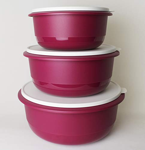 TUPPERWARE Peng Schüssel 9,5L + 6,0L + 3,5L in Brombeere Weiß Rührschüssel, Servierschüssel + Trinkbecher