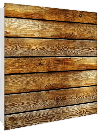 banjado® Großer Schlüsselkasten Glas/Schlüsselbox 30cm x 30cm mit 50 Haken - Motiv Holzbretter/Schlüsselkasten modern für Schlüsselaufbewahrung mit beschreibbarer, magnetischer Glastür