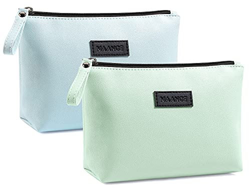 Kleine Kosmetiktasche MAANGE 2 Pcs Kleine Make up Tasche Tragbare Schminktasche wasserdichte PU Leder Make up Tasche mit Griff Vielseitige Reißverschlusstasche für Frauen (Grün + Blau)