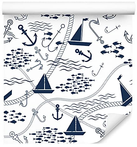 Muralo Vlies Tapete 10m Tapeten Rollen für Kinder Boote Segelboote SCHIFFE Anker Vliestapete 1000 x 53cm Wand Tapete Kinderzimmer Kinderstube Moderne Wanddeko Wand Dekoration