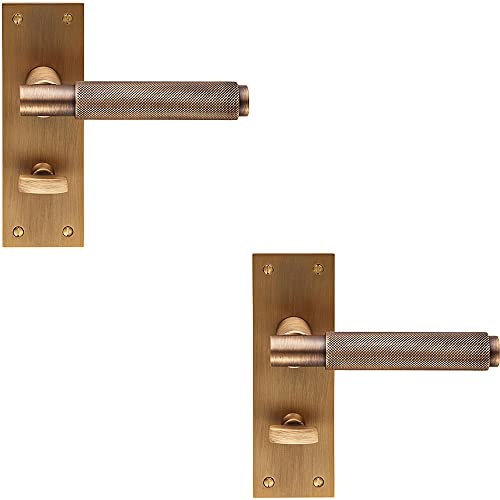 2 Pack Knurled Round Lever on Slim Bathroom Backplate - 150 x 50mm - Antique Brass | Designer Lever on Backplate Door Handle - Internal Door Hardware - Lock, Euro, Oval and Latch Options Available