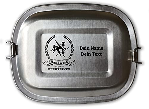 Edelstahl Brotdose Lunchbox Erwachsene mit Gravur Zunftsymbol Elektriker und Wunschgravur Dein Name personalisiert in 3 Größen auch als Set (Lunchbox Elektriker groß)