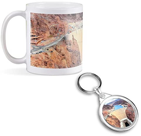 1 x 11oz (284ml) White Ceramic Mug Cup & 1 x Round Acrylic Keyring Set - Hoover Dam Nevada USA Design for Coffee Tea Drinks Kitchen Birthday Office #3356