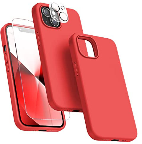 Dssairo [5-in-1 Entworfen für iPhone 13 Hülle, mit 2xDisplayschutzfolie + 2xKameralinsenschutz, Flüssigsilikon, Schutzhülle [weiches, kratzfestes Mikrofaser-Futter] 6.1 Zoll (rot)
