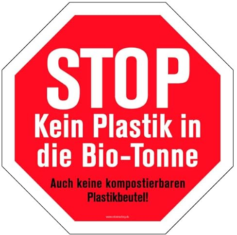 Aufkleber Warnhinweis „STOP Kein Plastik in die Bio-Tonne“ Hinweis Mülltrennung Recycling Oktagon, rot | 5-30 cm Made in Germany, Größe: 10x10 cm