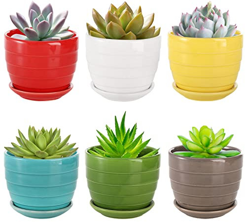 Elsjoy Set mit 6 Sukkulenten aus Keramik mit Drainageschale, 10,9 cm, dekorative Blumentöpfe, Untersetzer, kleiner Übertopf für Zimmerpflanzen, Innen- und Außenpflanzen, 6 Farben