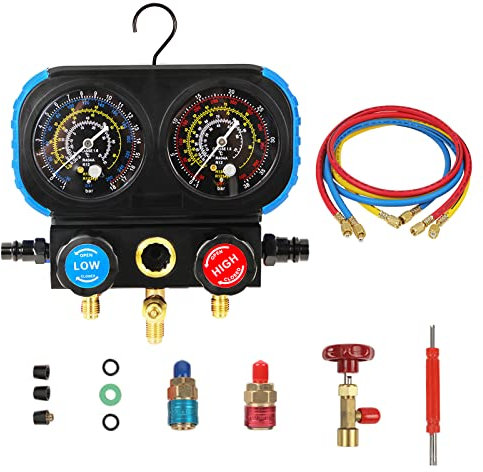 KAISAL 3 Way AC Manifold Gauge Set for Freon Charging, Fits R1234YF R404A R12 Refrigerants, Double Dial & 3 Valve Automotive AC Gauges with 5FT Thickened Hoses,Adjustable Couplers and Can Tap