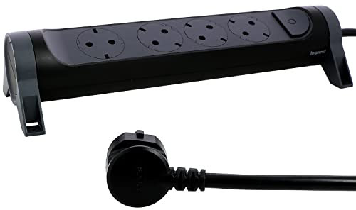 LEGRAND, Drehbare Steckdosenleiste, 4-fach Steckdose, Mehrfachsteckdose, Wand- oder Tischmontage, LED-Ein/Aus-Schalter, 1,5m Kabel, Schwarz/Dunkelgrau, 694530