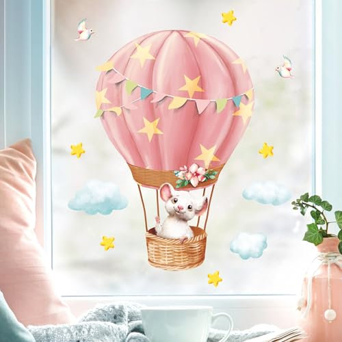 Wandtattoo Loft Fensterbilder Frühling Maus im Heißluftballon Motiv – A2 Bogen Wiederverwendbar – Frühlingsdeko Fenster, Frühlingsbild Fenster, Fenster Frühling, Fensterfolie Frühling Selbstklebend