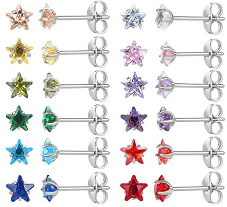 12 Paar chirurgische Edelstahl-Ohrstecker, 18K vergoldet Silber Stern Herz Teardrop Quadrat Cubic Zirkonia Birthstone Ohrstecker Set