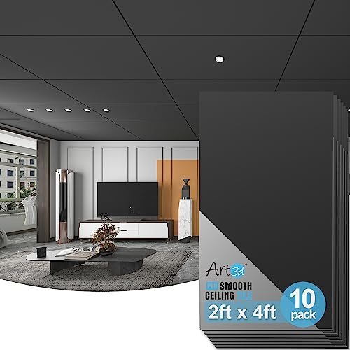 Art3d 10-Pack Smooth Drop Ceiling Tile 2ft x 4ft - Fire-Rated, Waterproof, Reusable - Premium PVC, No Sag and Breakage - Cover 80 Sq. Ft, Black