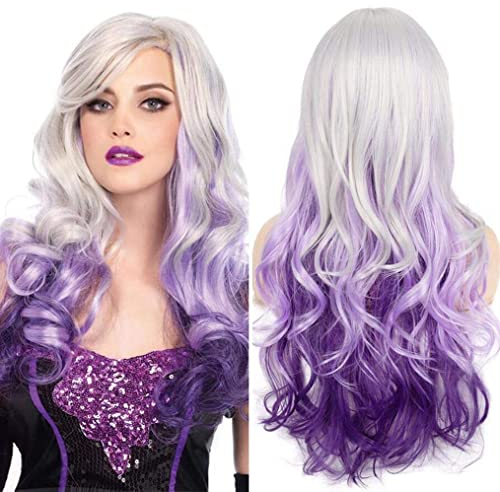 Qnbiar Lange Lockige Wellen Silbergrau bis Lila Perücke Seite Natürliches Look Synthetische Cosplay Perücke für Damen