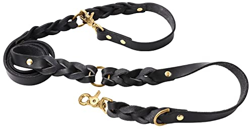 SnugglePAW Hundeleine Echtleder Dunkelbraun & Gold - geflochtene weiche Führleine mehrfach Größenverstellbar 180/130/110cm x 2cm mit Scherenkarabinern für große Hunde (Schwarz & Gold)
