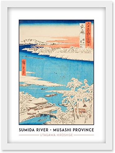 Wee Blue Coo Sumida River, Snowy Morning Musashi Province Utagawa Hiroshige Japanese Woodblock Classic Collection Artwork Framed Wall Art Print A4