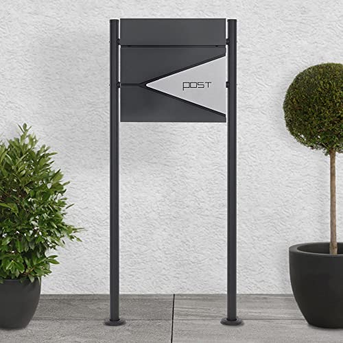 ECD Germany Standbriefkasten mit Zeitungsfach, Design Briefkasten mit Pfosten, Briefkastenanlage, Briefkastenständer Anthrazit 120 cm Edelstahl, Postkasten Anthrazit-Silber Edelstahl pulverbeschichtet