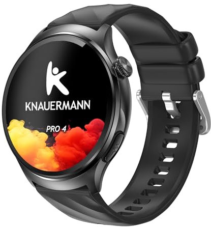 Knauermann PRO 4 EKG-Gesundheitsuhr mit Telefonfunktion – Smartwatch in Schwarz – Puls, Blutdruck, Blutsauerstoff, HRV, Schlafanalyse – Für Damen und Herren – Silikonarmband Schwarz