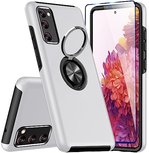 KRAFTCARE Hülle für Samsung Galaxy S20 FE 4G,5G mit 1 Pack Schutzfolie, Handyhülle mit Eingebetteter 360° Grad Ring, Magnetische Schutzhülle Stoßfest Cover Case für Samsung S20 FE, Silber