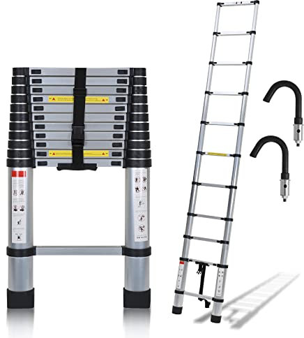 Ansobea Escalera telescópica 2,6 m con 2 Gancho extraíble, Escalera de Aluminio Extensible, Escalera Multiusos telescópica, Carga máxima 150 kg