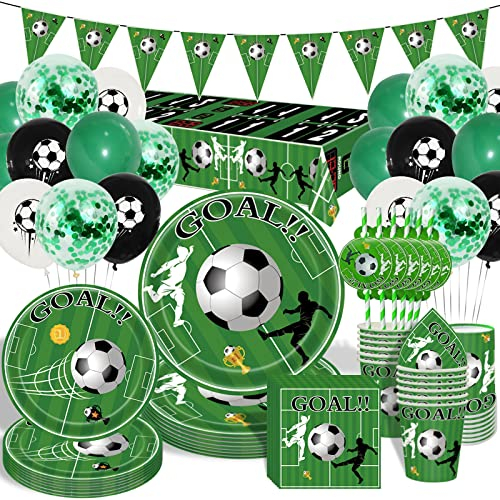 Juego de vajilla de fiesta de cumpleaños de fútbol, platos, tazas, servilletas, mantel, pancartas, popotes, globos, para decoraciones de fútbol para niños y niñas (20 invitados)