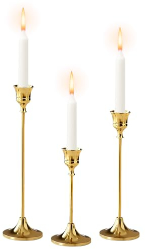 SCHYIDA Kerzenständer Set, 3er Kerzenhalter Metall Kerzenständer Messing Stabkerze Hoch Kerze Stand 15,5cm /19cm /24cm Goldene Kerzenhalter Stabkerze Vintage Kegelkerzenhalter Ständer für Kerzen