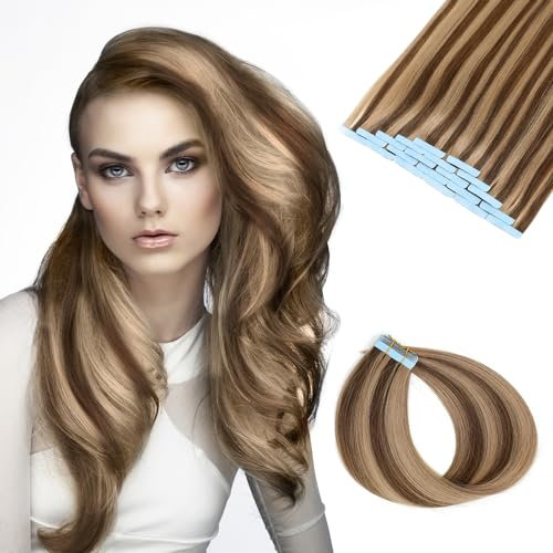 Tape Extensions Echthaar, Unsichtbare Tape-in Extensions Echthaar,100% Remy Echthaar,Seidig & Volle Spitzen,Dunkelbraun bis dunkles Aschblond #P6/18,20 Stück,40g,40cm,Wiederverwendbar,Haarverlängerung