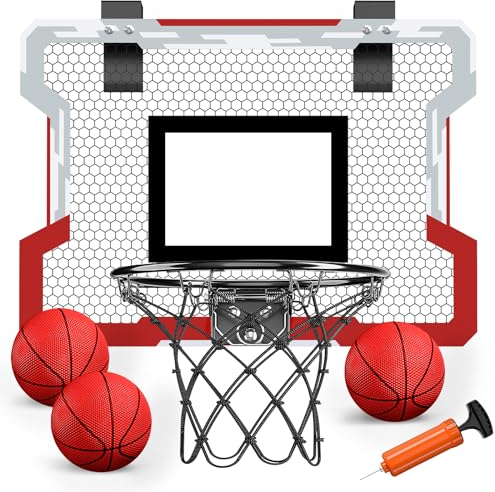 HYES Mini Panier de Basket pour Enfants Intérieur, Panier Basketball pour Porte Mural avec 3 Ballons, Filet, Backboard et Pompe à Air, Mini Hoop pour Adultes Cadeaux Garçons Filles, Rouge sans Scorer