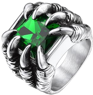 Bestyle Ring Silber mit Grünem Stein Vintage Drachen Bandring Edelstahl Dragon Claw Herrenring Smaragd Fingerring Punk Biker Männlicher Schmuck, Silber, Ringgröße 70