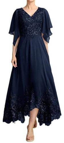 JIIL Lang Brautmutterkleid mit Ärmel - Spitze Elegant Mutter des Bräutigams Kleid für Hochzeit Navy 52