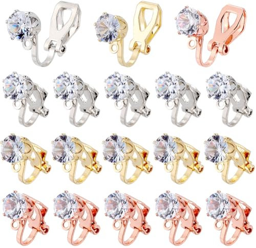 SUNNYCLUE 1 Box Mit 30 Stück 3 Farben Zirkonia Ohrclips Nicht Durchbohrte Ohrring Clips Messing Vergoldet Klare Strass Ohrring Clips Mit Schlaufenzubehör Für Die Schmuckherstellung Handgefertigtes DIY
