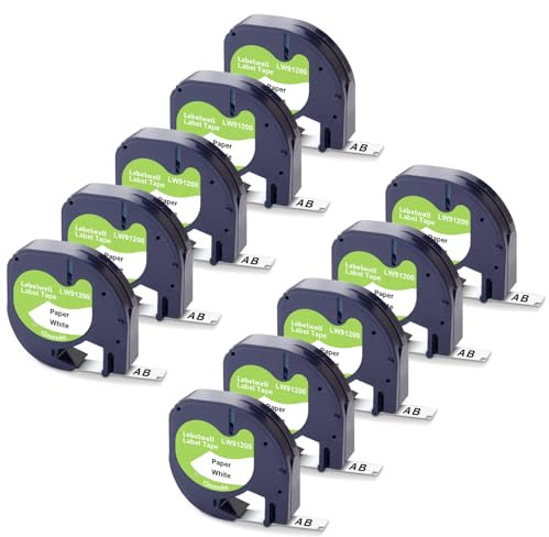 Labelwell 10x Kompatibel für Dynmo Papier Schriftband 12mm x 4m 91220 91200 Etikettenband Schwarz auf Weiß Kompatibel für Dynmo 200B LT-100H XR XM LT-100T LT-110T 80 Beschriftungsgerät