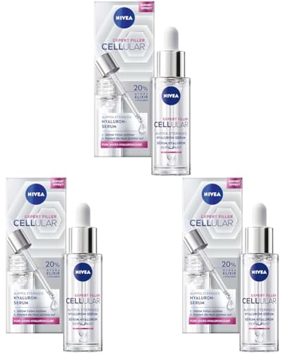 NIVEA Cellular Expert Filler Aufpolsterndes Hyaluron-Serum (30 ml), leichtes und schnell einziehendes Serum, nicht klebendes Anti Falten Serum mit 20% Hydra Elixir (Packung mit 3)
