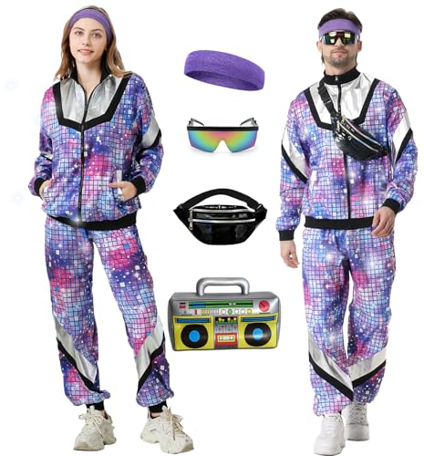 Ezuwail 80er 90er Jahre Outfit Herren Damen, Kostüm 80s Tracksuit Disco Jacke und Hose, 80s 90s Retro Anzug Jogging Anzug Unisex mit Gürteltasche Brille für Bad Taste Party, Karneval (Lila, L)