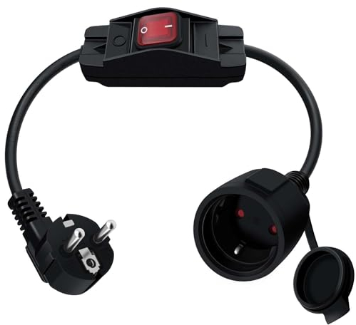 HuaLiSiJi Schuko Cable con Interruptor 16A 250V Cable de Extensión Schuko, para Uso al Aire Libre o en Interiores, en el Hogar, en la Oficina (90 Grados 0.5m)