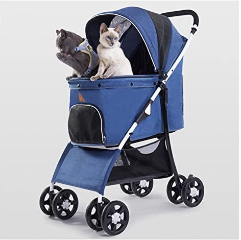 dsmsdre Haustier-Buggy für mittelgroße und kleine Hunde, Faltbarer Hundekinderwagen, 4-Rad-Katzenbuggys für 2 Katzen, Hundekinderwagen, Buggys für kleine Hunde, atmungsaktiver Hundebuggy (blau)