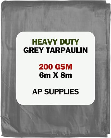 6m x 8m Grey Tarpaulin Cover - 200gsm Thick - 20ft x 26ft Waterproof, Weatherproof, Frost-Resistant, UV Protection, Universal, Multipurpose, Groundsheet, Camping, Hiking, Heavy Duty Sheet