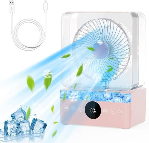 Climatiseur Mobile, 1000ML Climatiseur Portable avec Refroidissement à eau, 2 modes d'humidité/Timer/3 Vitesses/4 couleurs lumière pour maison bureau chambre, Type-C, Rose