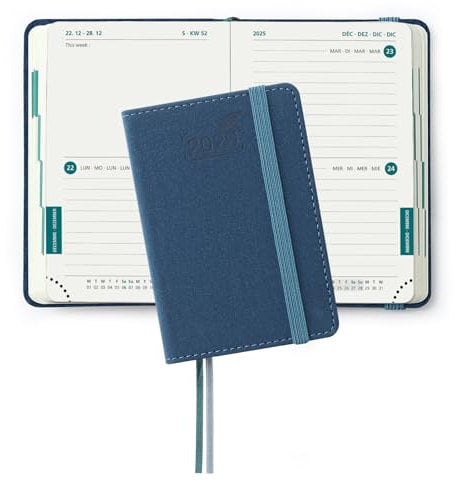 BEZEND Taschenkalender 2025 Klein A7 12 x 8 cm - 2 Tage pro Seite - Mini Terminplaner & Buchkalender 2025 mit PU-Leder Hardcover, Preußisch Blau