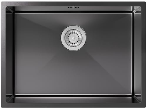Auralum Fregadero Cocina Negro 60 x 44 cm, Fregadero 1 seno Bajo Encimera o Sobre Encimera con Filtro de Drenaje + Sifón, Acero Inoxidable
